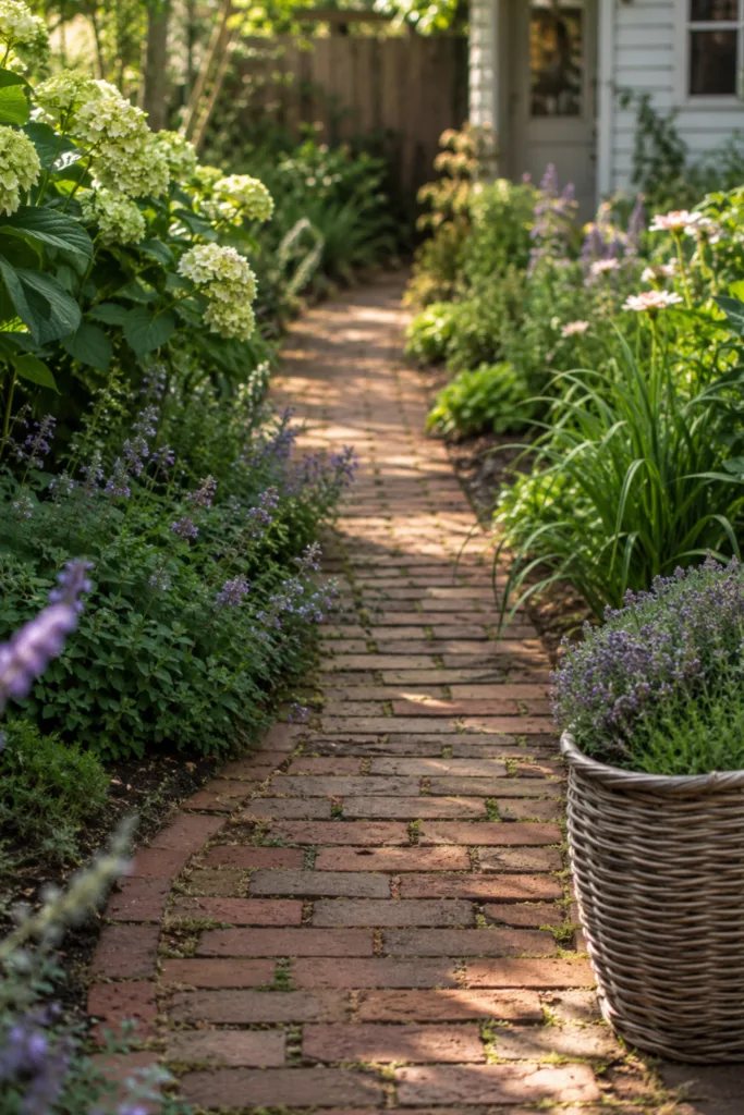 Gartendeko mit Backsteinen: geschwungener Gartenweg aus alten Ziegeln zwischen Stauden und Lavendel.