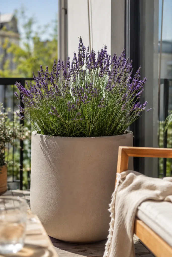 Sommer Deko für den Balkon mit großem Pflanzgefäß, Lavendel und moderner Balkongestaltung im Hochformat.