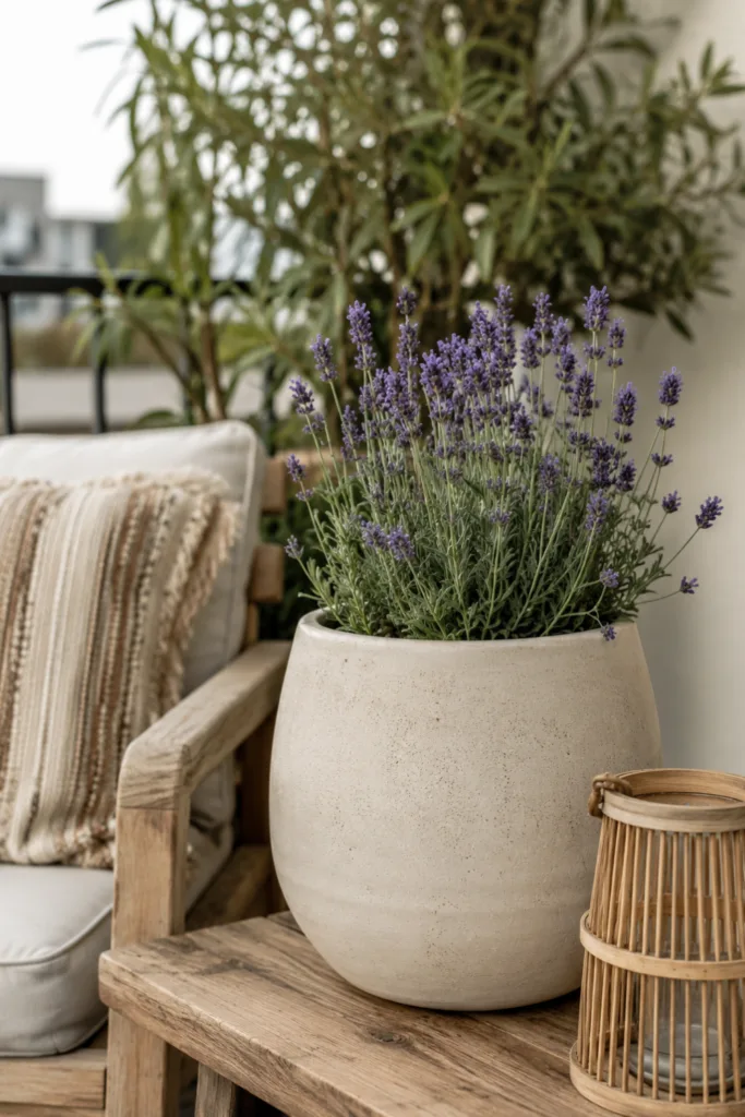 Sommer Deko für den Balkon mit Keramiktopf, Lavendel und natürlichen Materialien im modernen Stil.