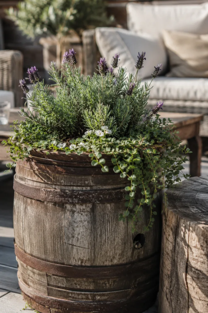 Gartendeko aus altem Holz – 5 wunderschöne Ideen für deinen Garten Gartendeko aus altem Holz mit rustikalem Holzfass und Baumstamm auf Terrasse.