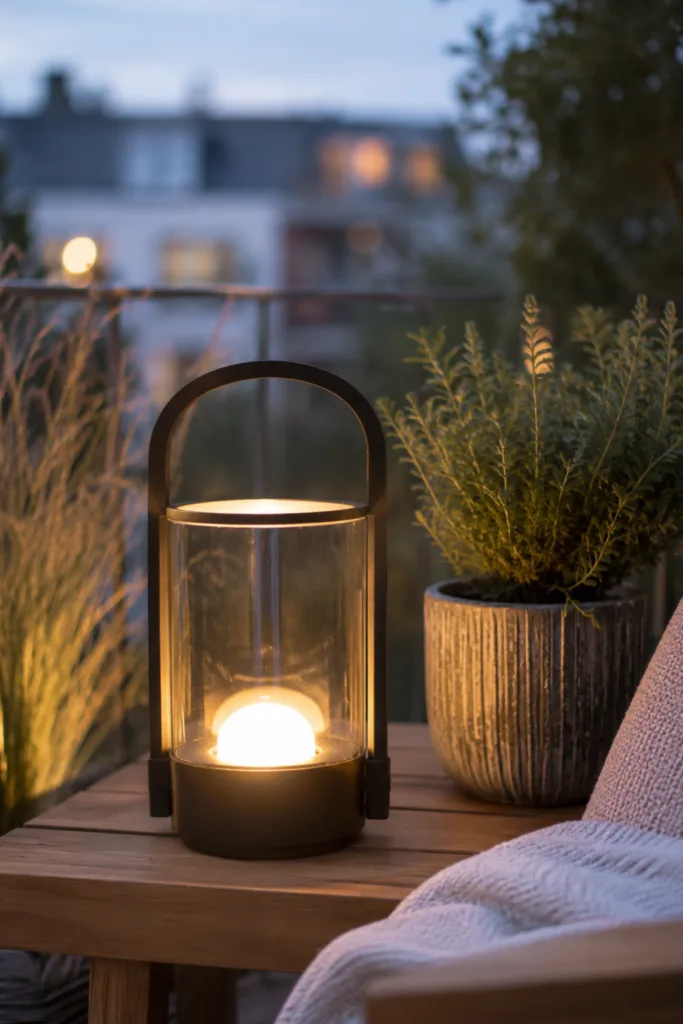 Sommer Deko für den Balkon mit moderner Laterne, Pflanzen und gemütlicher Abendbeleuchtung im Außenbereich.