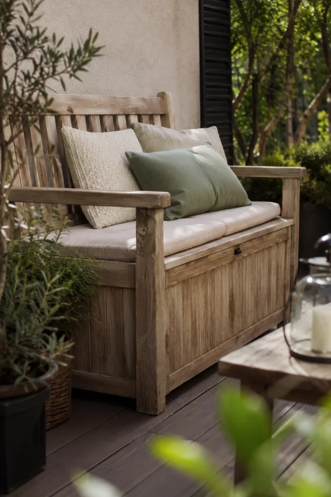Terrassendeko mit Holzbank, Kissen und Pflanzen für eine gemütliche Terrasse im Naturstil
