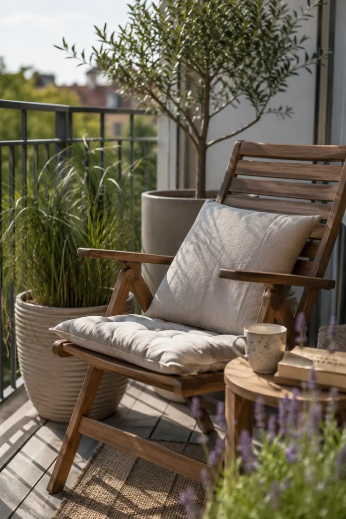 Sommer Deko für den Balkon mit gemütlicher Wohlfühlzone, Holzsessel und modernen Pflanzkübeln.