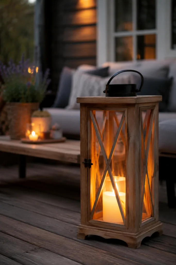Terrassendeko mit Holzlaterne und warmem Licht auf gemütlicher Holzterrasse am Abend