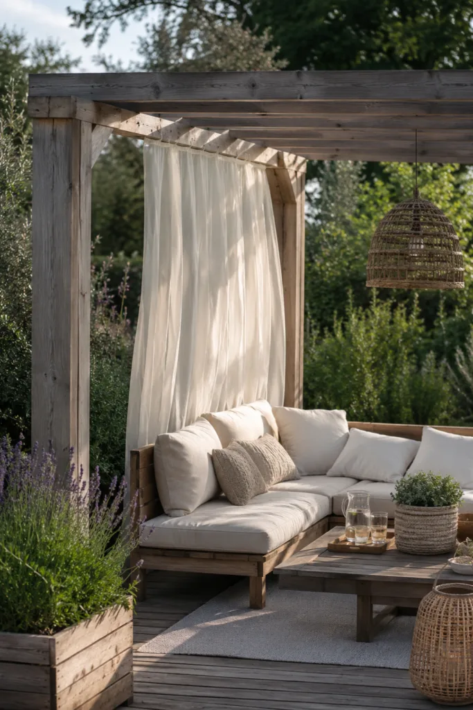 Terrassendeko mit Holzpergola, gemütlicher Sitzecke und natürlicher Abendstimmung im Garten