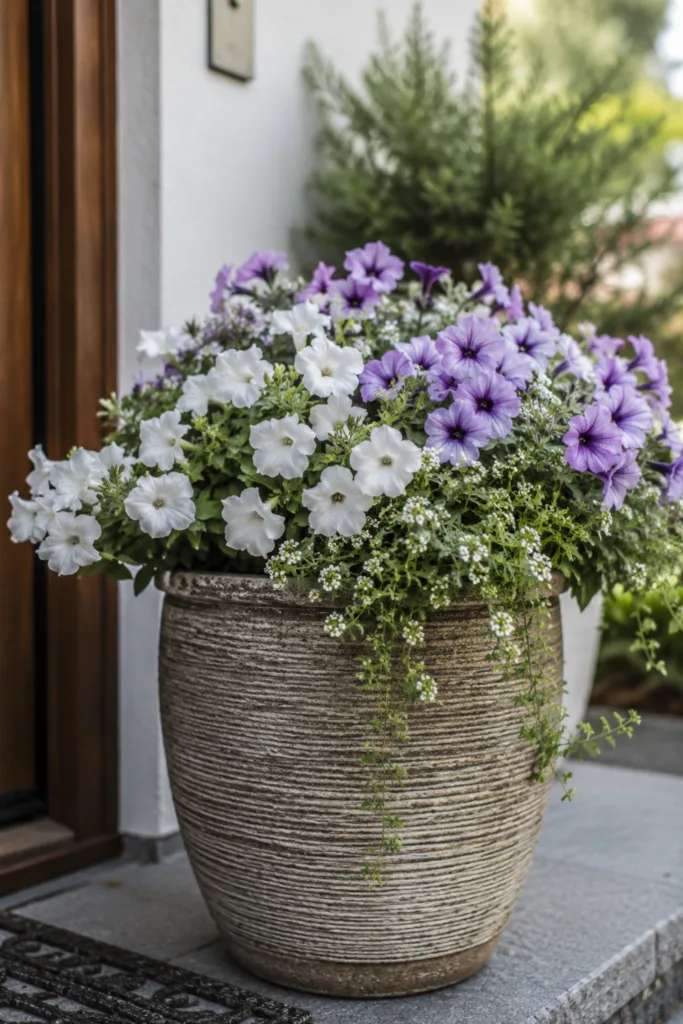 Hauseingang Deko für den Juni mit großem Pflanzkübel und blühenden Sommerblumen vor der Haustür.