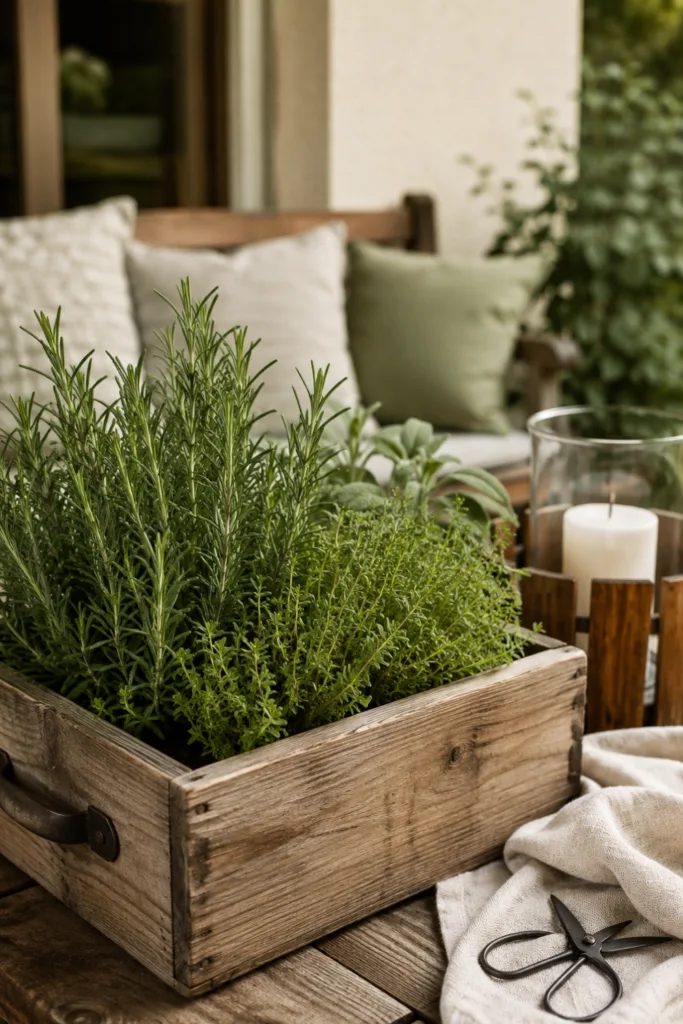 Terrassendeko mit Holz und Kräutern in rustikaler Holzkiste auf gemütlicher Terrasse.