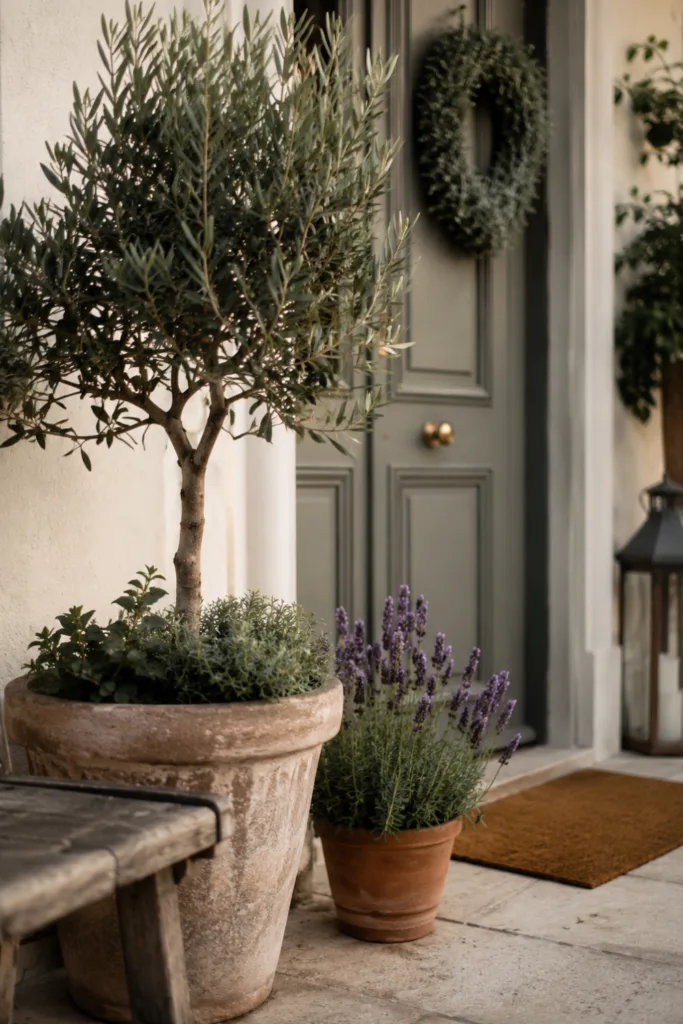 Hauseingang Deko für den Juni mit Olivenbaum, Lavendel und Terrakottatöpfen im mediterranen Stil.