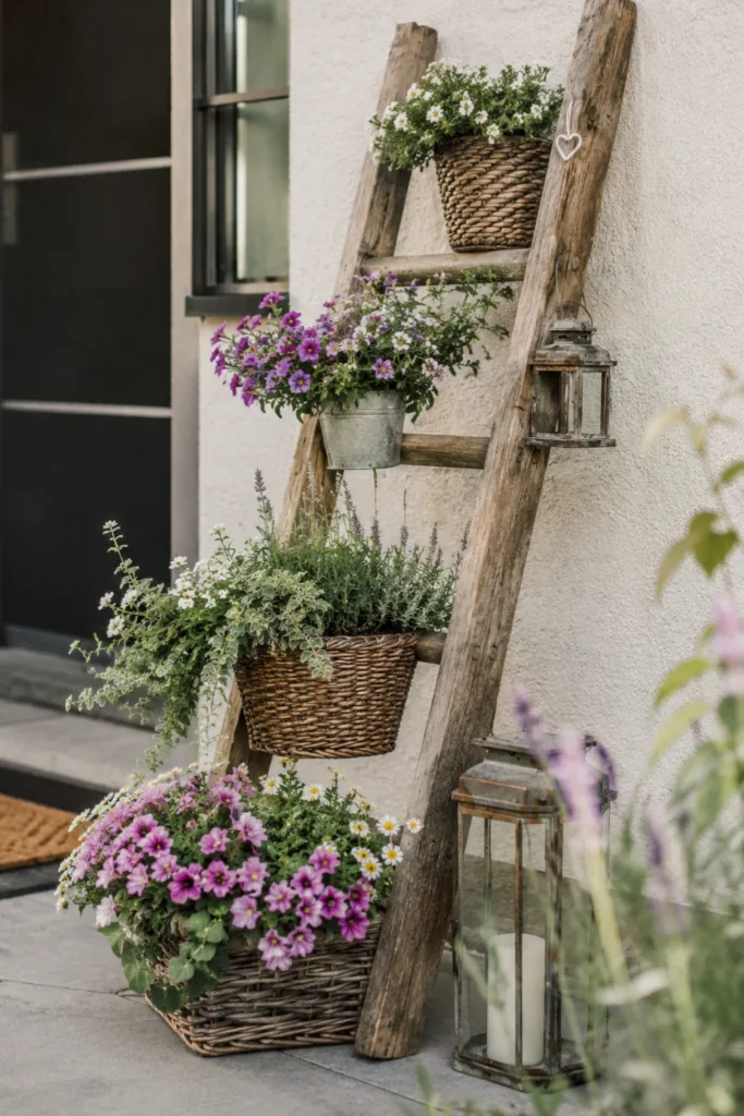 Hauseingang Deko für den Juni mit Holzleiter, Sommerblumen und Naturmaterialien im Eingangsbereich.