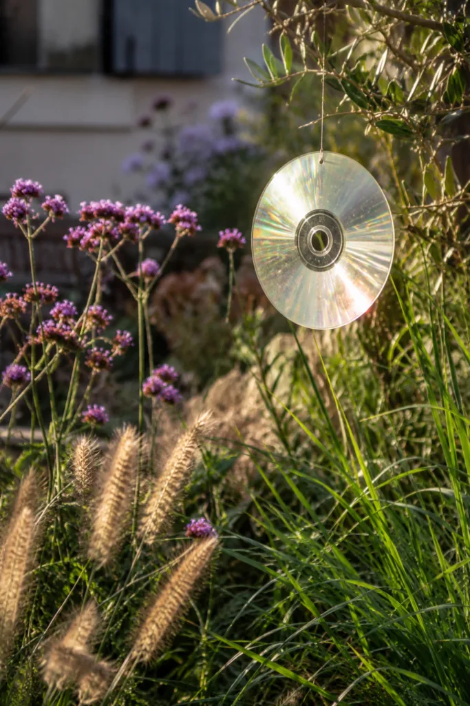 Gartendeko mit alten CDs – 5 kreative Ideen für mehr Licht im Garten Gartendeko mit alten CDs zwischen Gräsern und Stauden als reflektierende Lichtfänger im Garten.
