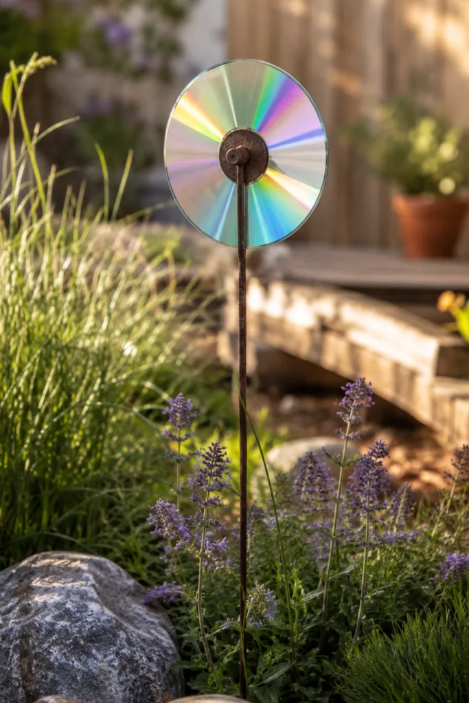 Gartendeko mit alten CDs – 5 kreative Ideen für mehr Licht im Garten Gartenstecker aus alten CDs zwischen Lavendel und Gräsern im naturnahen Garten.