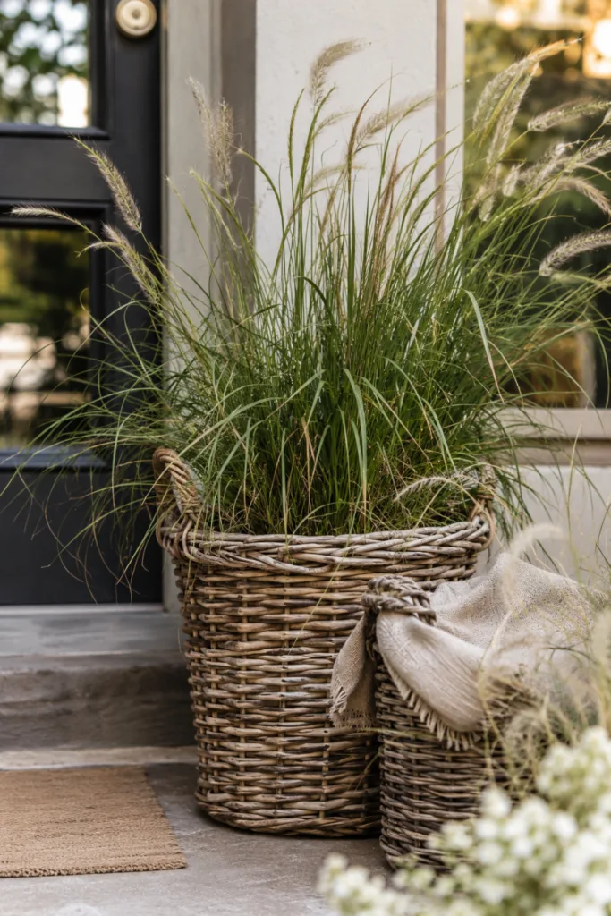 Hauseingang Deko für den Juni mit Ziergräsern in Weidenkörben vor der Haustür im natürlichen Sommerstil.
