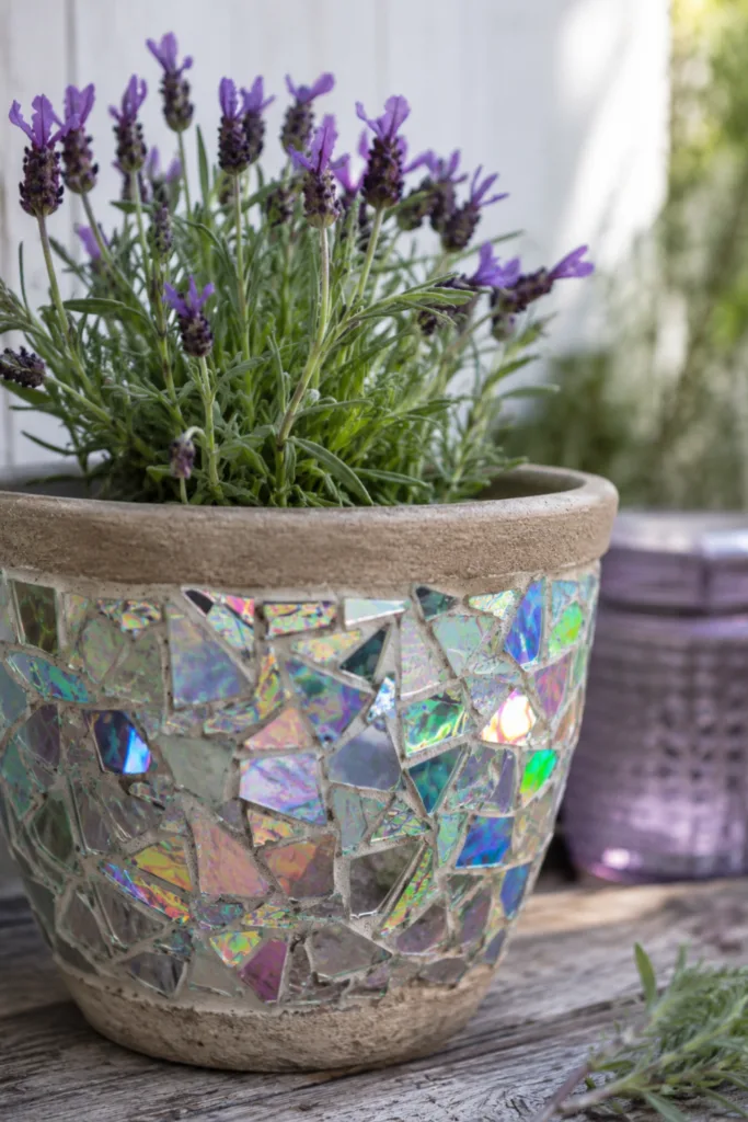 Gartendeko mit alten CDs – 5 kreative Ideen für mehr Licht im Garten Mosaikdeko aus alten CDs auf Pflanzkübel mit Lavendel im Garten.
