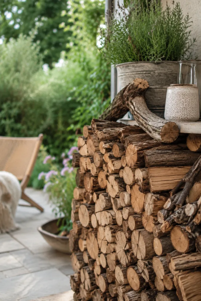 Gartendeko aus Naturmaterialien mit Holzstapel und Ästen auf gemütlicher Gartenterrasse.