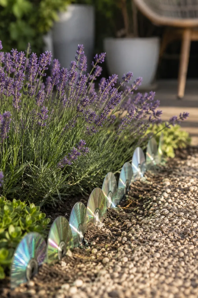 Gartendeko mit alten CDs – 5 kreative Ideen für mehr Licht im Garten Gartendeko mit alten CDs als Beetumrandung neben Lavendel und Kiesweg im Garten.