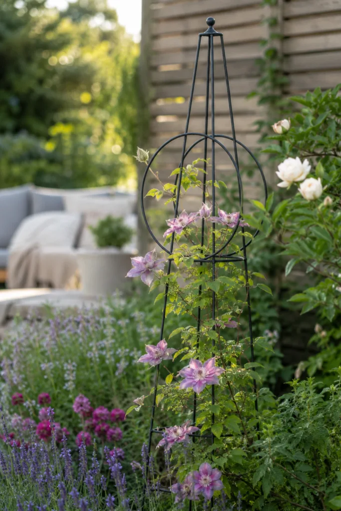 Schwarze Metallringe und Rankelemente mit Clematis zwischen Stauden im modernen Garten.