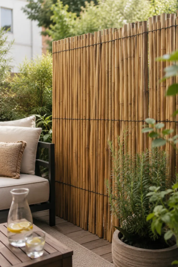 Gartendeko aus Bambus – 5 schöne Ideen für mehr Natürlichkeit im Garten Bambus Sichtschutz auf kleiner Terrasse mit Pflanzen und gemütlicher Gartendeko aus Bambus.