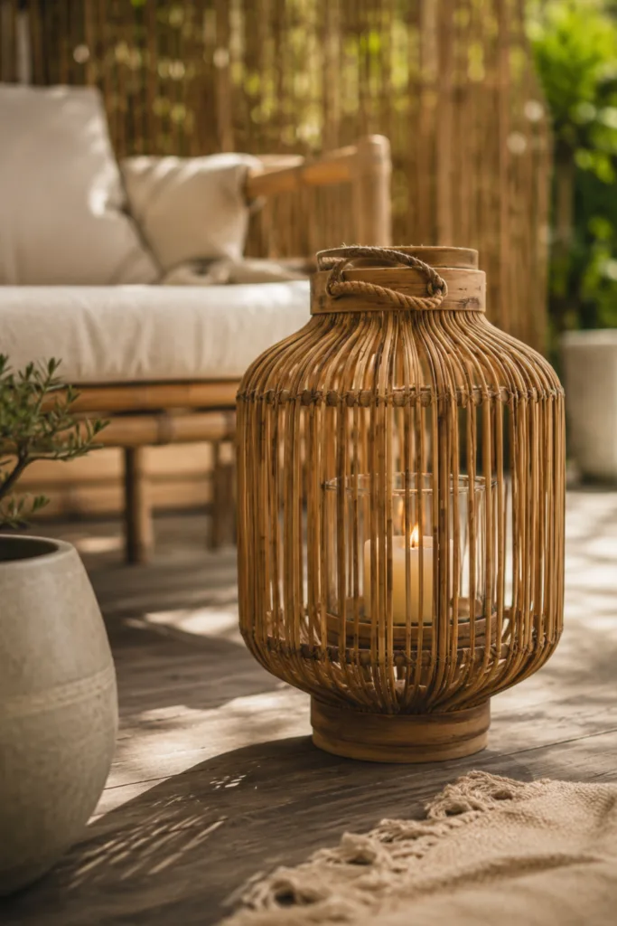 Gartendeko aus Bambus – 5 schöne Ideen für mehr Natürlichkeit im Garten Bambuslaterne auf Holzterrasse mit warmem Licht und natürlicher Gartendeko aus Bambus.