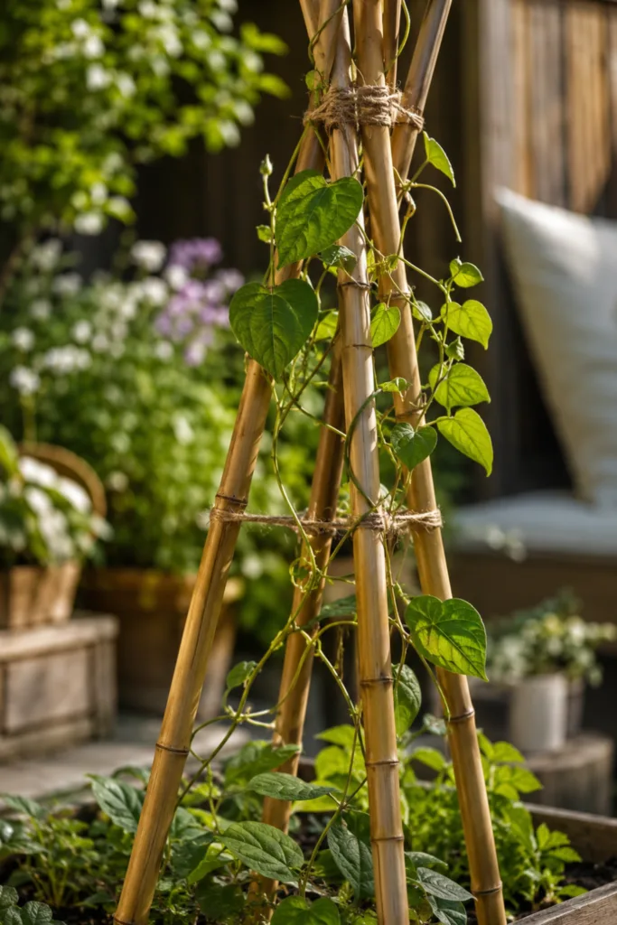 Gartendeko aus Bambus – 5 schöne Ideen für mehr Natürlichkeit im Garten Bambus Rankhilfe im Beet mit Kletterpflanzen als natürliche Gartendeko aus Bambus im Garten