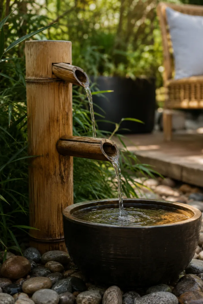 Gartendeko aus Bambus – 5 schöne Ideen für mehr Natürlichkeit im Garten Bambusbrunnen im Garten mit Wasserschale und natürlicher Gartendeko aus Bambus im Hochformat.