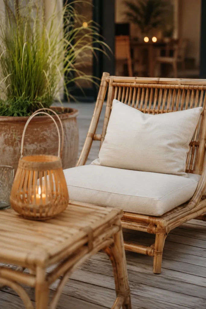 Gartendeko aus Bambus – 5 schöne Ideen für mehr Natürlichkeit im Garten Bambusmöbel als Gartendeko auf Terrasse mit Laterne und natürlichen Pflanzen dekoriert