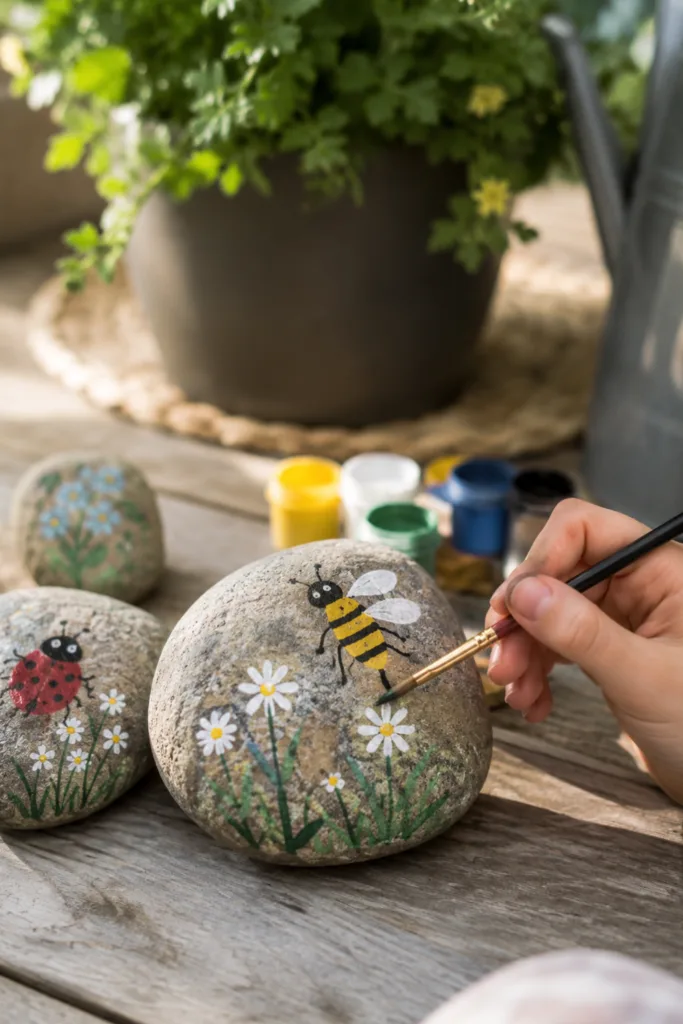 Gartendeko mit Kindern basteln: 5 schöne und einfache Ideen Kinder bemalen Gartensteine als natürliche Gartendeko mit Blumen- und Tiermotiven im Garten.