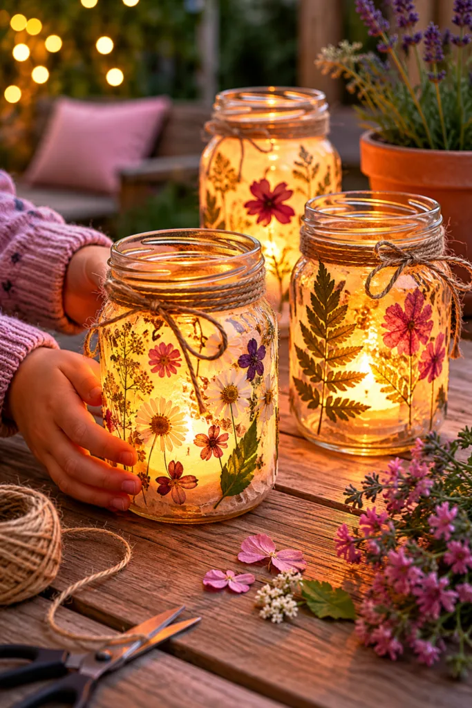 Gartendeko mit Kindern basteln: 5 schöne und einfache Ideen Gartendeko mit Kindern basteln: Selbstgemachte Windlichter aus Gläsern auf Holztisch im Gartenabendlicht