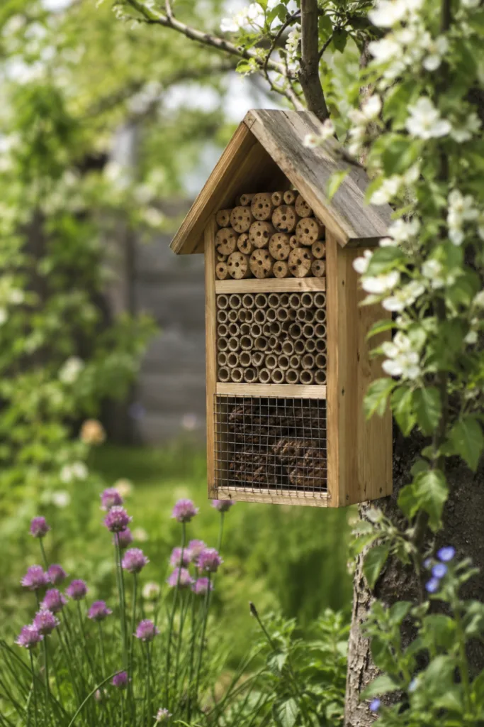 Gartendeko mit Kindern basteln: 5 schöne und einfache Ideen Gartendeko mit Kindern basteln: Selbst gebautes Insektenhotel aus Holz im Garten zwischen Blumen