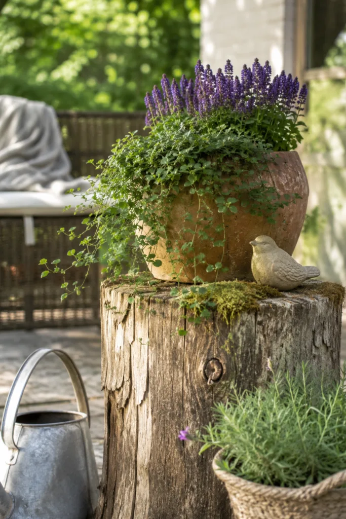 Gartendeko mit Baumstämmen – 5 einfache Ideen mit natürlicher Wirkung Gartendeko mit Baumstämmen als Pflanzsäule mit Kräutern und natürlicher Terrassendeko
