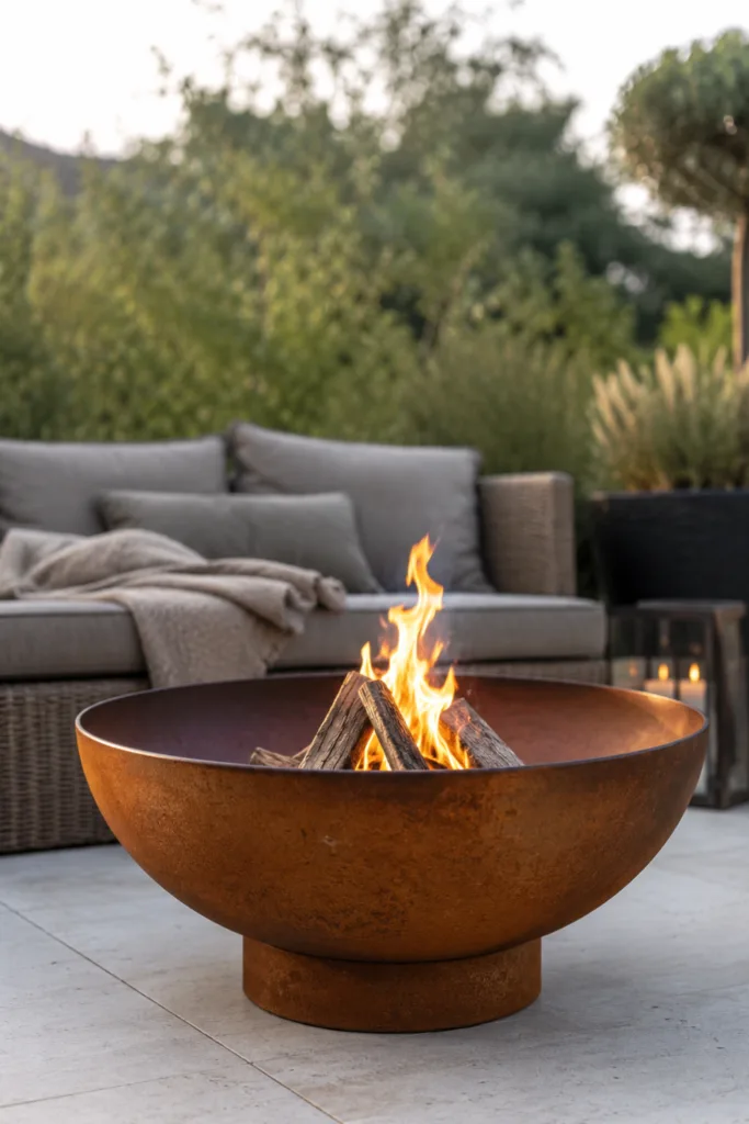 Gartendeko aus Metall mit Feuerschale auf moderner Terrasse zwischen Gräsern und Lounge-Möbeln