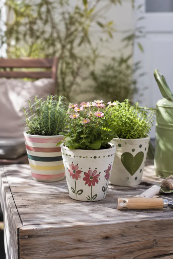 Gartendeko mit Kindern basteln: 5 schöne und einfache Ideen Gartendeko mit Kindern basteln: bemalte Blumentöpfe mit Blumen auf Holztisch im Garten