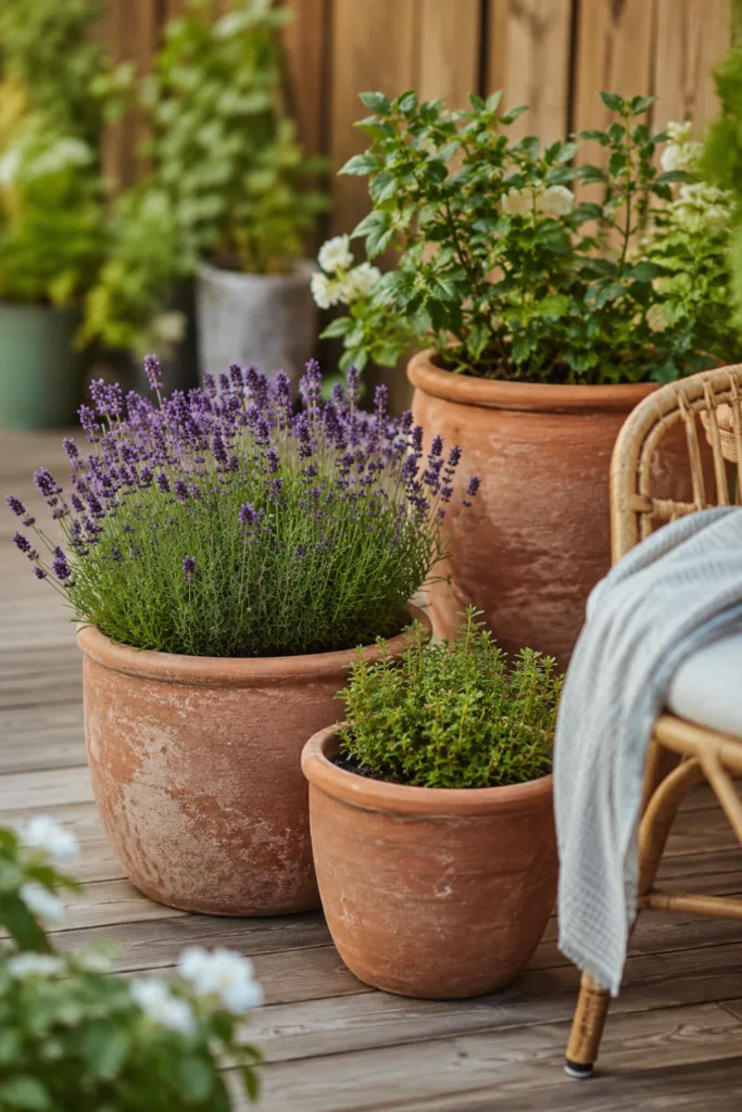 Gartendeko mit Terrakotta – 5 Ideen für mehr Wärme und Atmosphäre im Garten Gartendeko mit Terrakotta-Töpfen und Lavendel auf gemütlicher Holzterrasse im Hochformat.