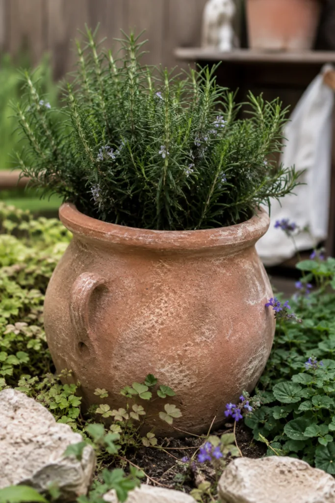 Gartendeko mit Terrakotta – 5 Ideen für mehr Wärme und Atmosphäre im Garten Gartendeko mit Terrakotta: alter Terrakottatopf mit Rosmarin im natürlichen Gartenbeet.