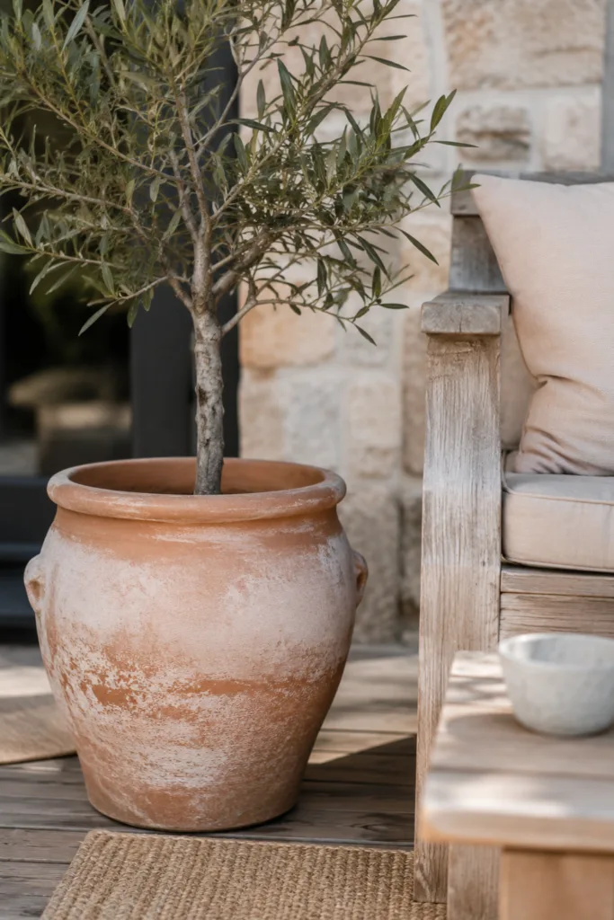 Gartendeko mit Terrakotta – 5 Ideen für mehr Wärme und Atmosphäre im Garten Gartendeko mit Terrakotta, Holz und Naturstein auf gemütlicher Terrasse im Hochformat.