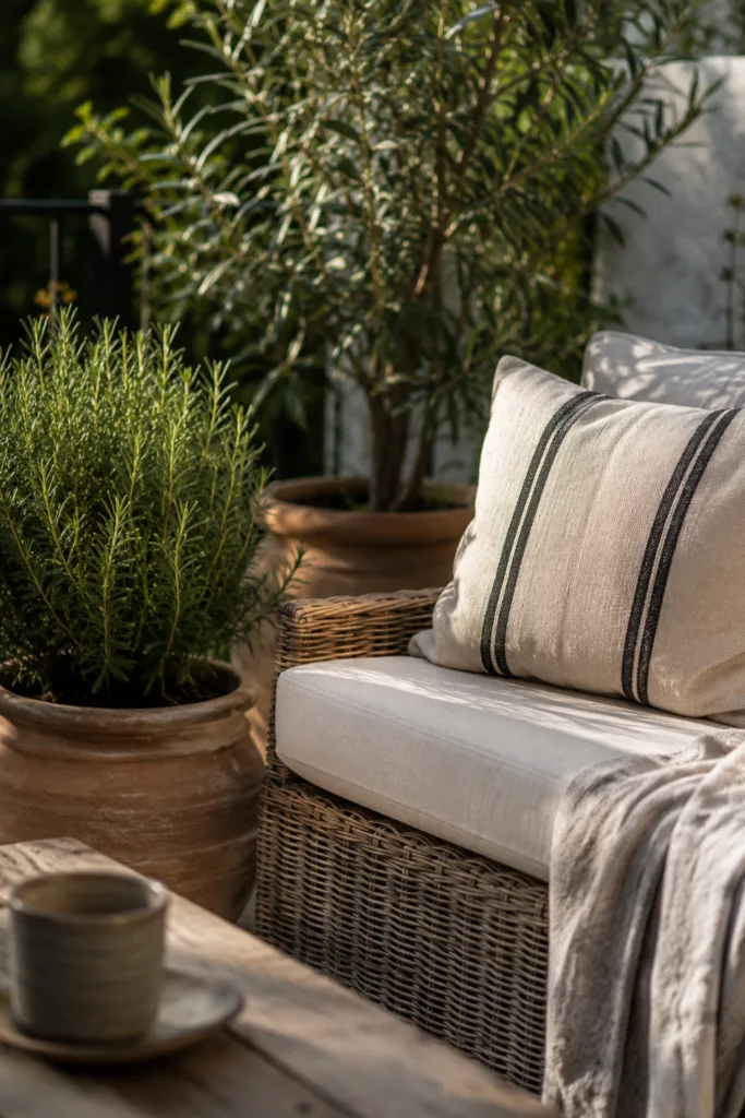 Gartendeko im Juni mit Rattanmöbeln, Terrakotta-Töpfen und gemütlicher Sitzecke im Garten.