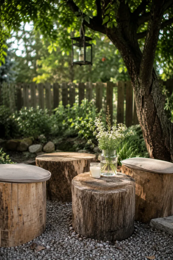 Gartendeko mit Baumstämmen – 5 einfache Ideen mit natürlicher Wirkung Gartendeko mit Baumstämmen als rustikale Sitzecke mit natürlicher Holzoptik im Garten.