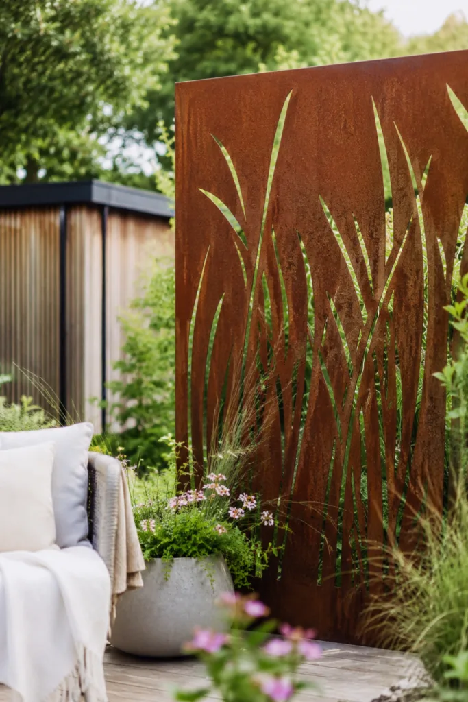 Gartendeko aus Metall mit dekorativem Sichtschutzelement und Gräsern im modernen Garten.