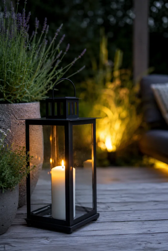 Solarlichter und Laterne als Gartendeko im Juni auf gemütlicher Holzterrasse bei Abendlicht