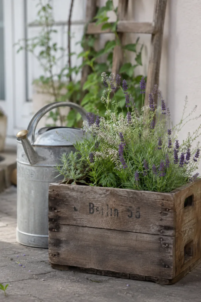 Gartendeko im Juni mit alter Holzkiste, Lavendel und Vintage-Gießkanne im Garten