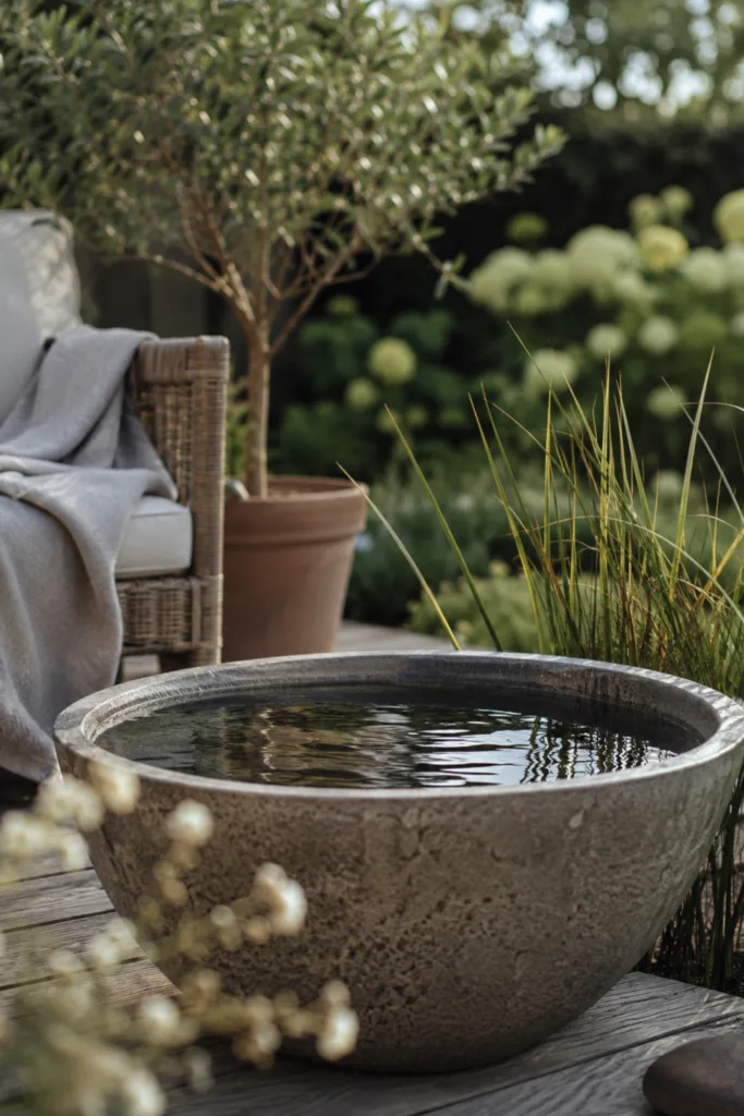 Gartendeko im Juni mit moderner Wasserschale, Gräsern und natürlicher Terrassengestaltung