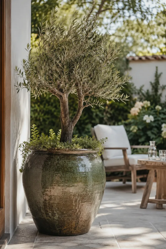 Großer Keramiktopf mit Olivenbaum als Gartendeko auf ruhiger Terrasse im Tageslicht