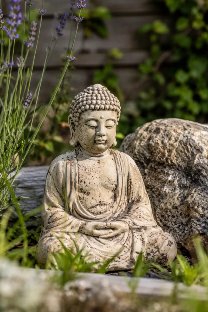 Gartendeko aus Keramik mit Buddhafigur zwischen Lavendel und Natursteinen im Garten