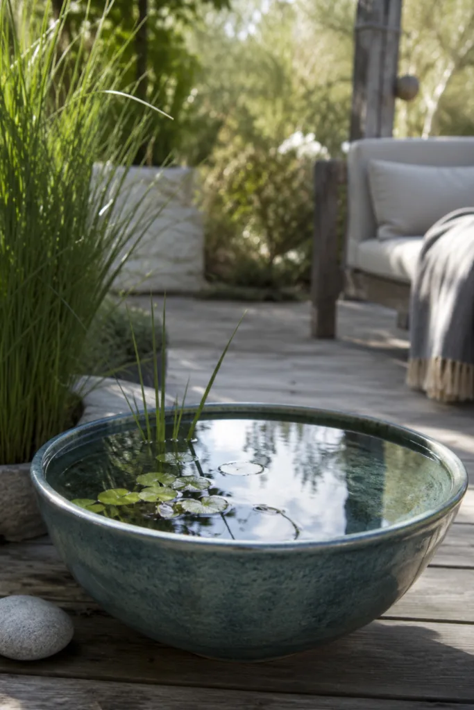 Gartendeko aus Keramik mit Wasserschale auf Terrasse zwischen Pflanzen und Gräsern