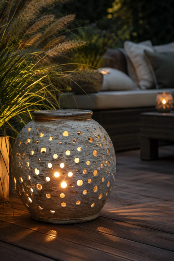 Keramiklaterne mit warmem Licht auf moderner Terrasse im Garten am Abend
