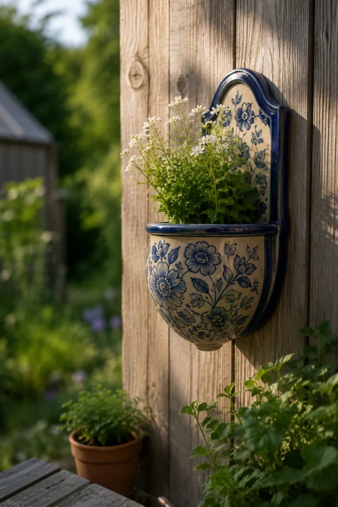 Gartendeko aus Keramik an Holzzaun mit Pflanzen und natürlicher Gartenatmosphäre im Hochformat