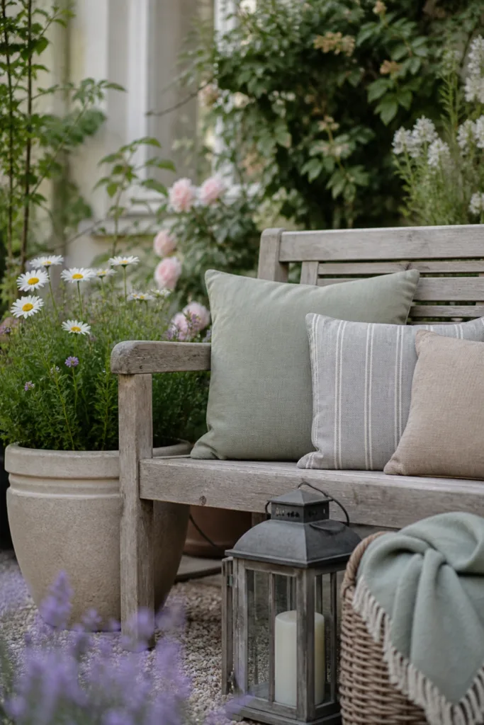Gartenbank Deko im Mai mit harmonischem Farbkonzept, Kissen, Pflanzen und natürlicher Gestaltung