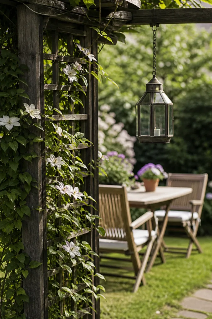 Schrebergarten Deko im Mai mit Rankhilfe und hängender Laterne für vertikale Gartengestaltung
