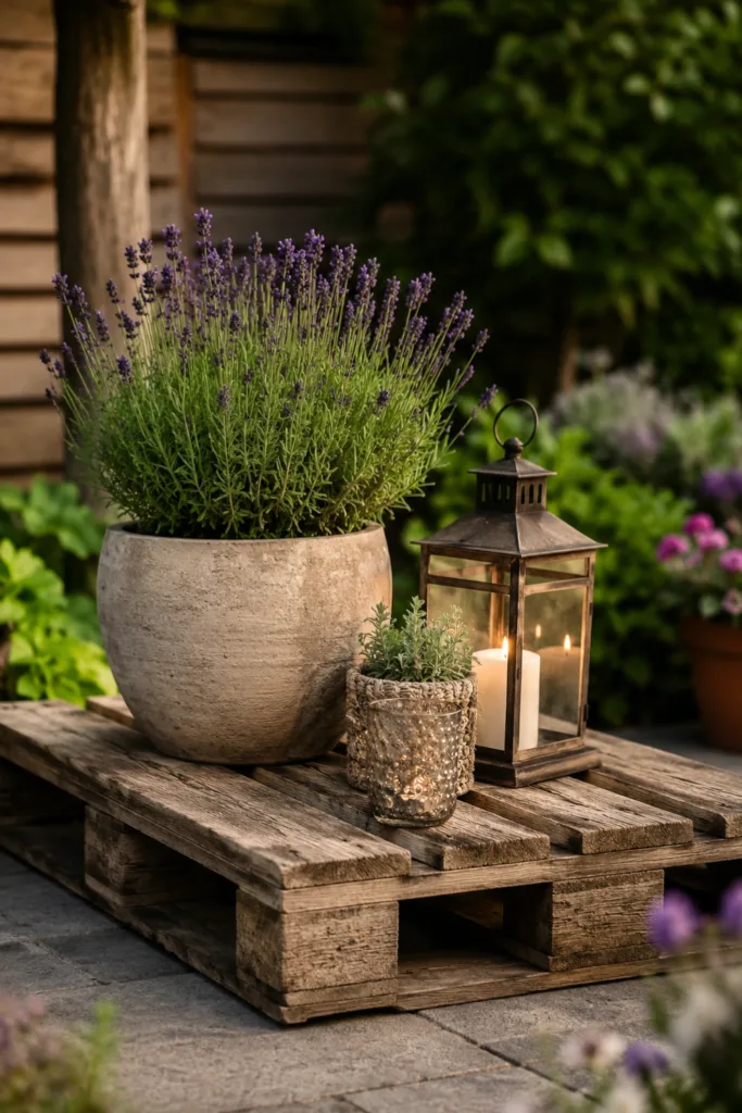 Gartendeko aus Paletten mit Lavendel, Laterne und dekorativer Dekoinsel auf Terrasse