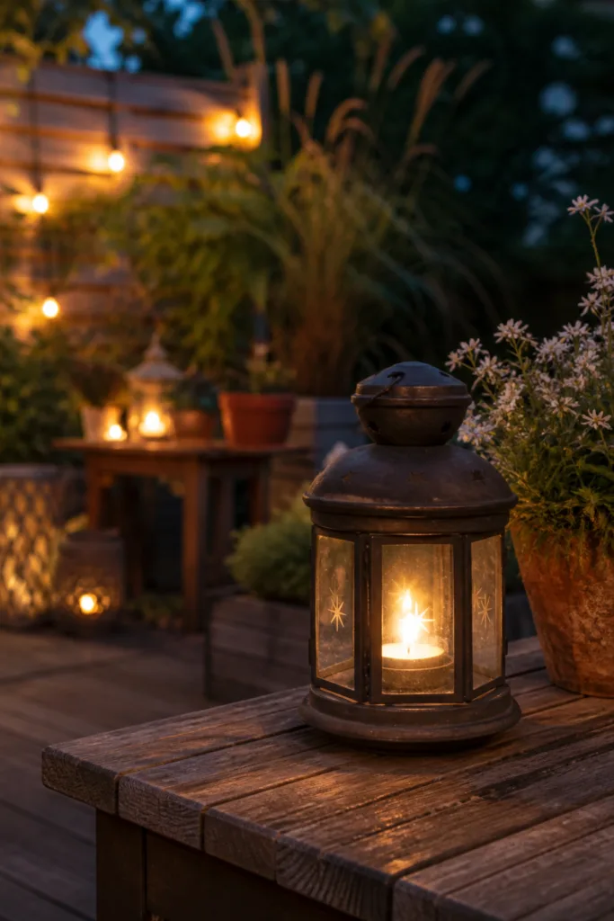 Schrebergarten Deko im Mai mit warmen Lichtquellen und Laternen am Abend