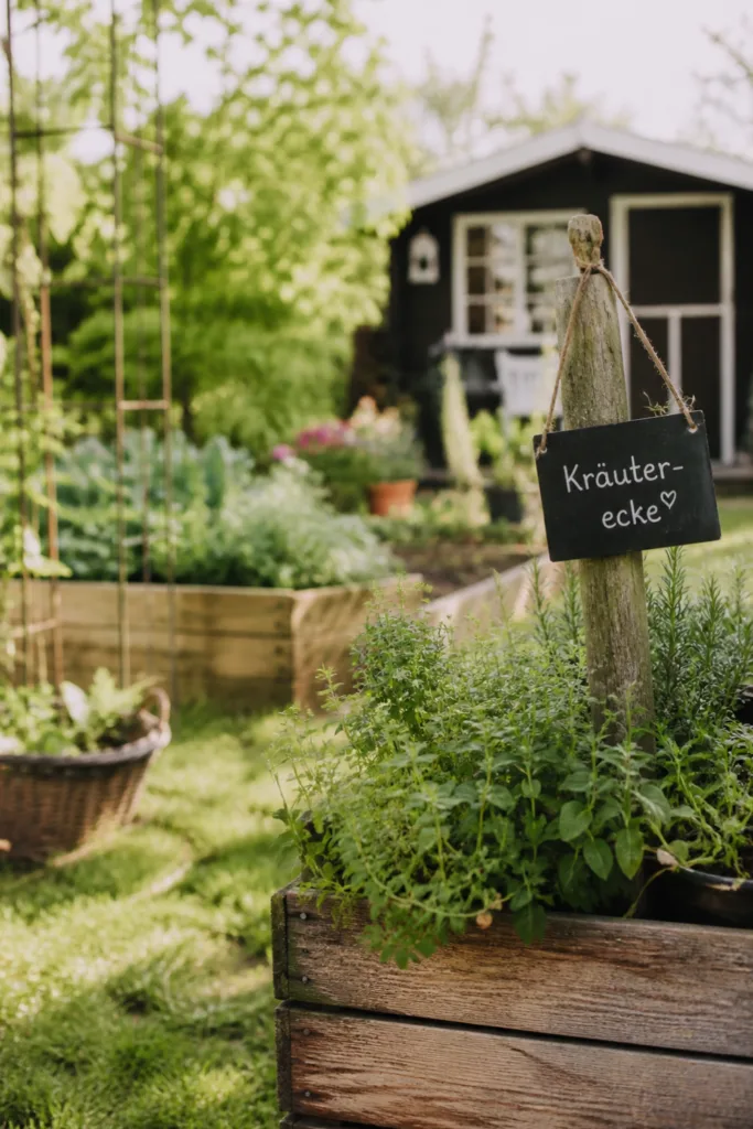 Schrebergarten Deko im Mai mit strukturierter Kräuterecke und klar abgegrenzten Gartenbereichen